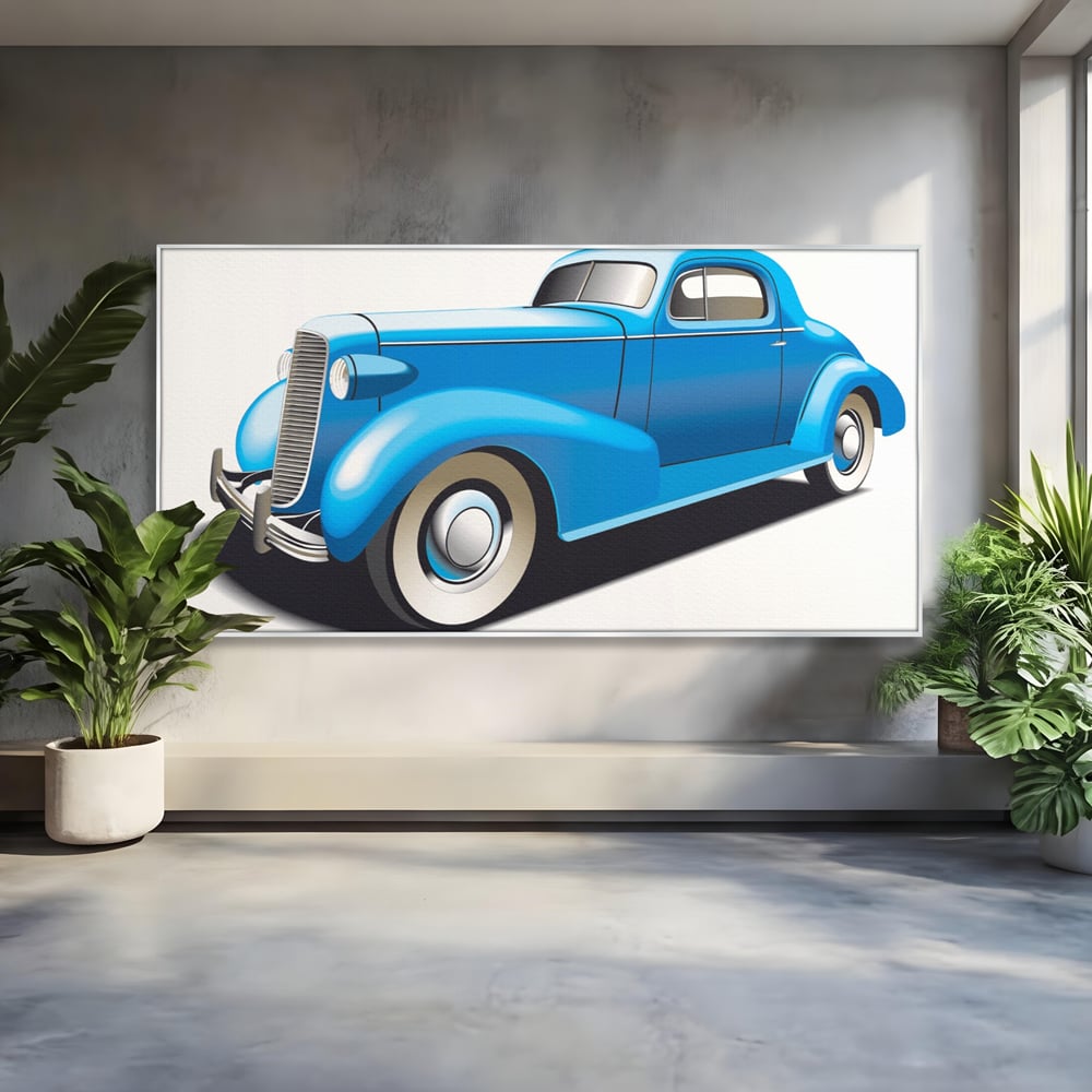 Tablou canvas cu ilustratie cu masina de epoca albastra, in rama de aluminiu argintiu